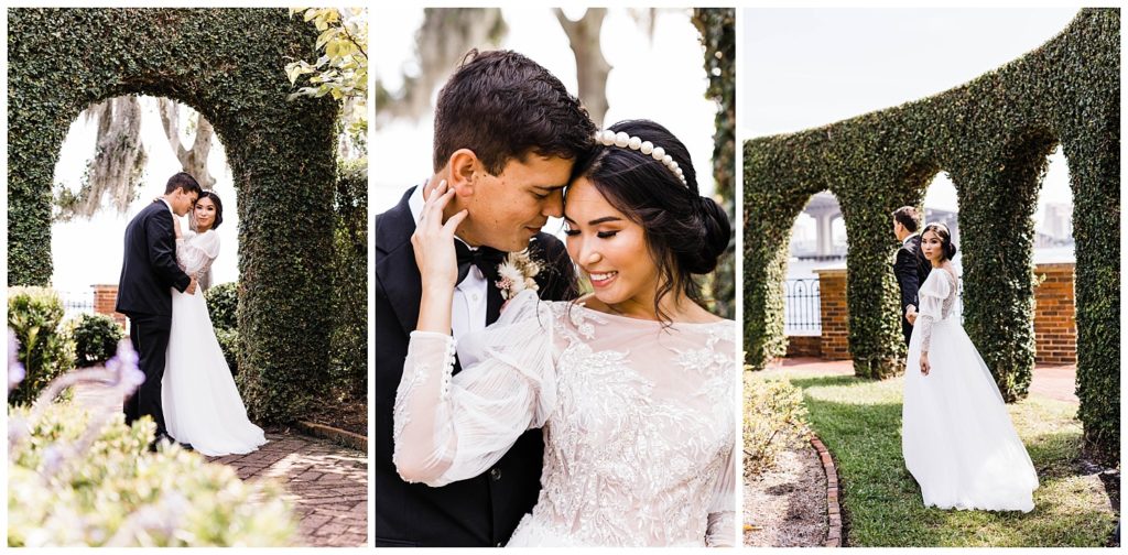 Bride and Groom pose together at their Garden Wedding Portraits in St. Augustine, Florida. Taken by Captured By Lau Photography, a St. Augustine, Florida Wedding Photographer. 