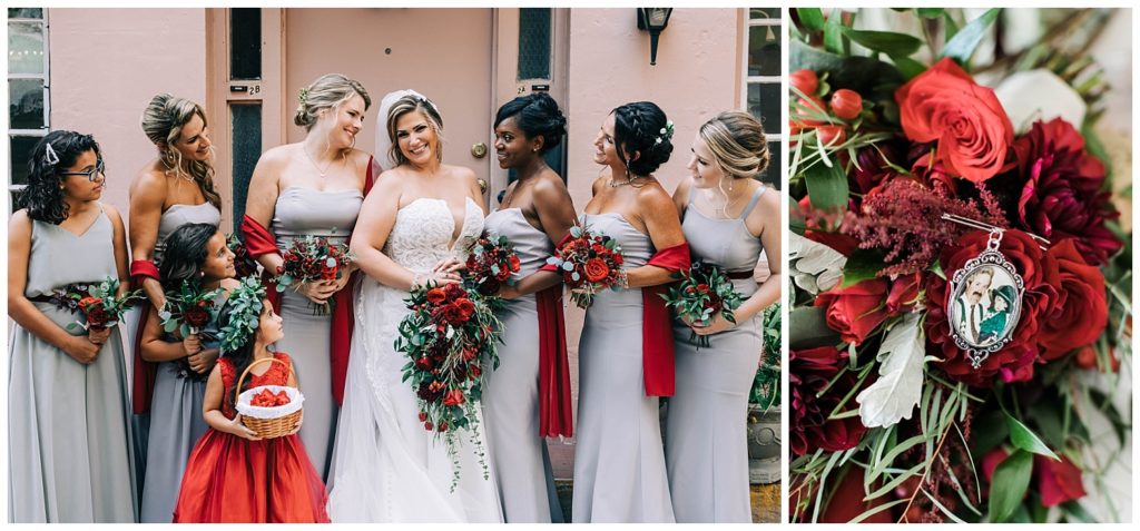 Bridesmaids in gray dresses with red sashes look at bride and close up of bridal bouquet and family photo at the The White Room in St. Augustine, Florida. Photography by Captured By Lau Photography, a St. Augustine, Florida Wedding Photographer.