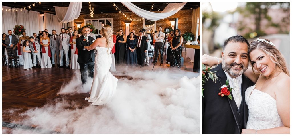 Bride and groom dance in cloud of smoke and smile for close up at the The White Room in St. Augustine, Florida. Photography by Captured By Lau Photography, a St. Augustine, Florida Wedding Photographer. 