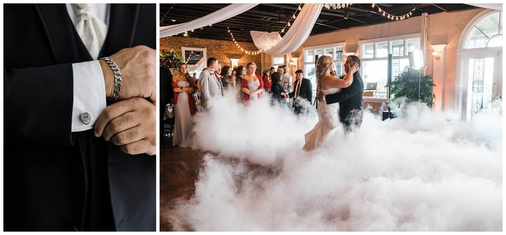 Groom's police cuffs and groom dancing with bride on the reception dance floor surrounded by a cloud of smoke at their wedding at the The White Room in St. Augustine, Florida. Photography by Captured By Lau Photography, a St. Augustine, Florida Wedding Photographer.