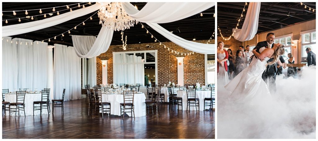 White sashes and lights hang above reception area and bride and groom dance in smoke at the The White Room in St. Augustine, Florida. Photography by Captured By Lau Photography, a St. Augustine, Florida Wedding Photographer.