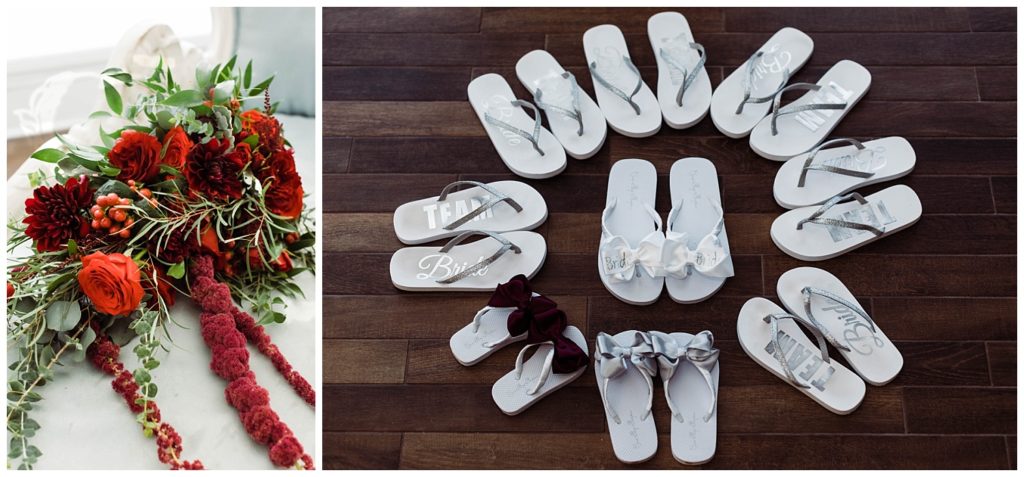 Team Bride bridal party flip flops and red and green bridal bouquet at the The White Room in St. Augustine, Florida. Photography by Captured By Lau Photography, a St. Augustine, Florida Wedding Photographer.
