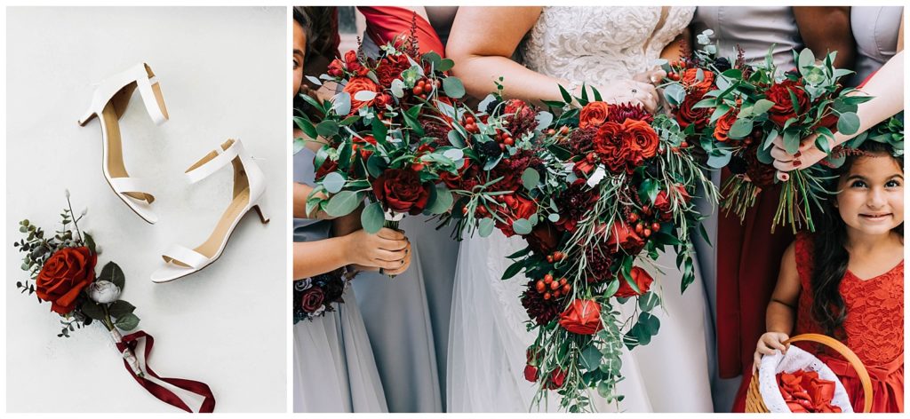 Close up of red and green bridal bouquets and white high heels at the The White Room in St. Augustine, Florida. Photography by Captured By Lau Photography, a St. Augustine, Florida Wedding Photographer.