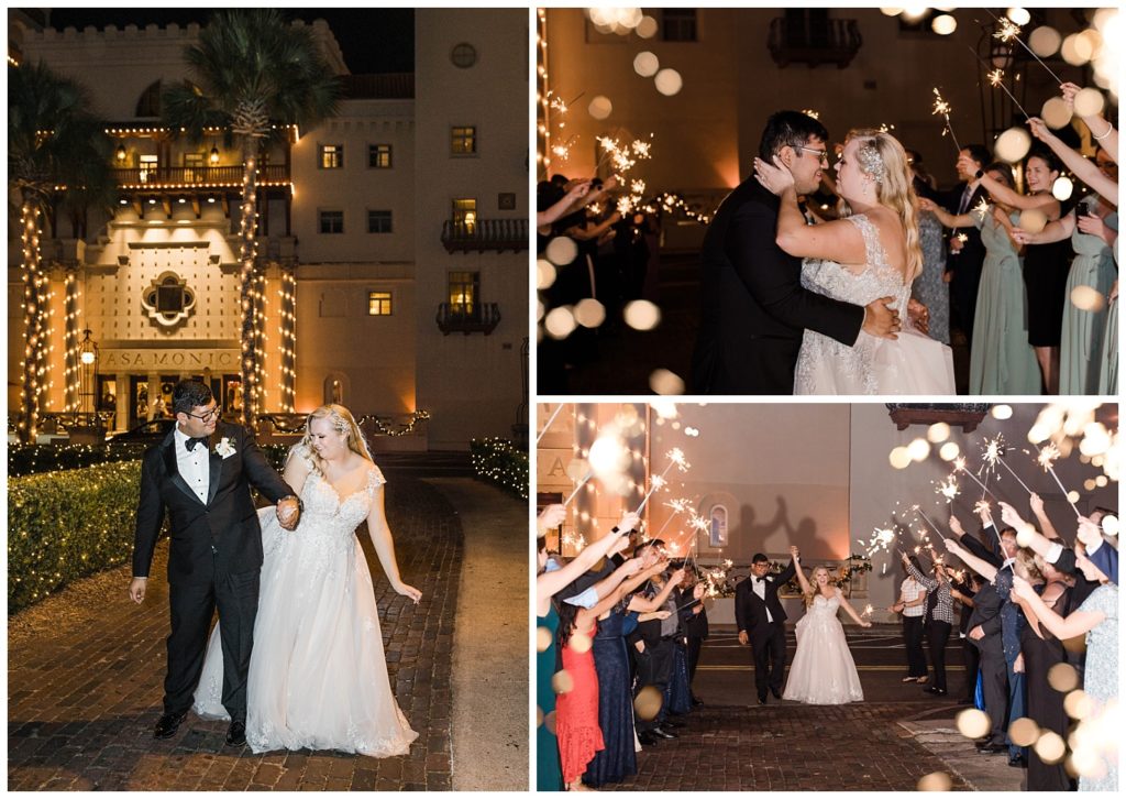 Bride and groom sparkler send off at Casa Monica Resort and Spa in St. Augustine, Florida. Taken by Captured By Lau Photography, a Florida Wedding Photographer.
