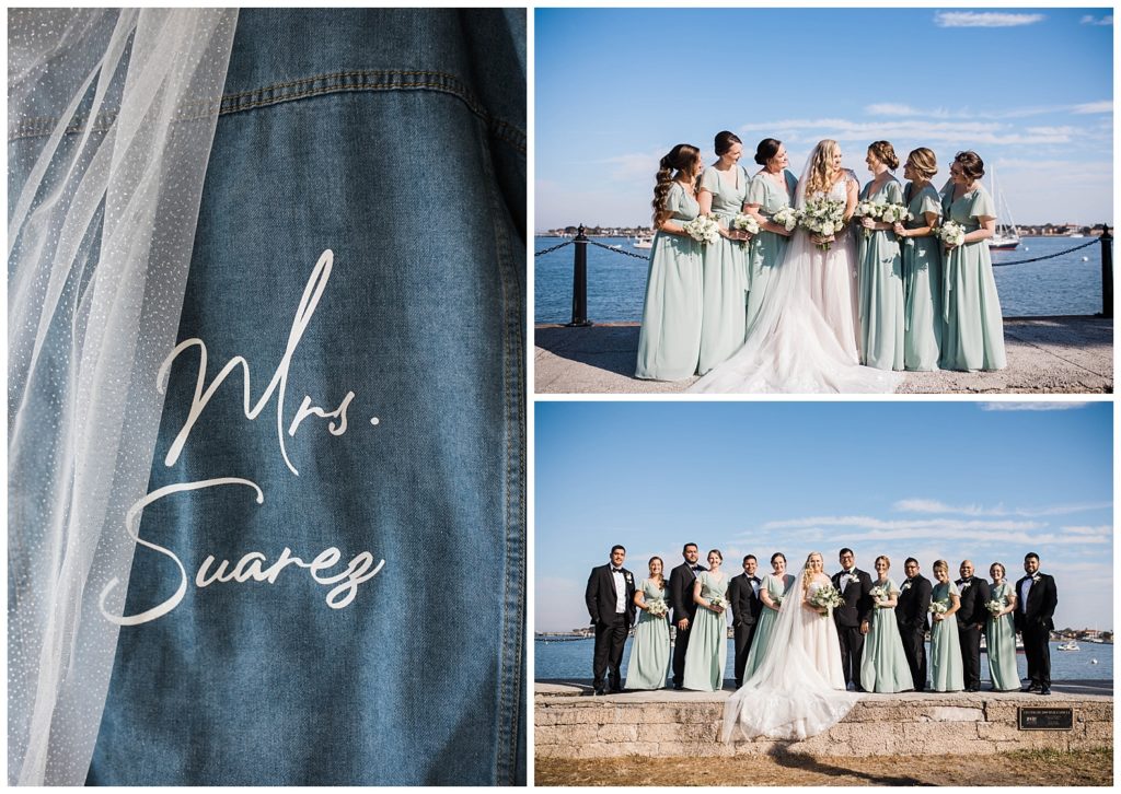 Bridal party and bride's denim jacket with new last name at Casa Monica Resort and Spa in St. Augustine, Florida. Taken by Captured By Lau Photography, a Florida Wedding Photographer. 