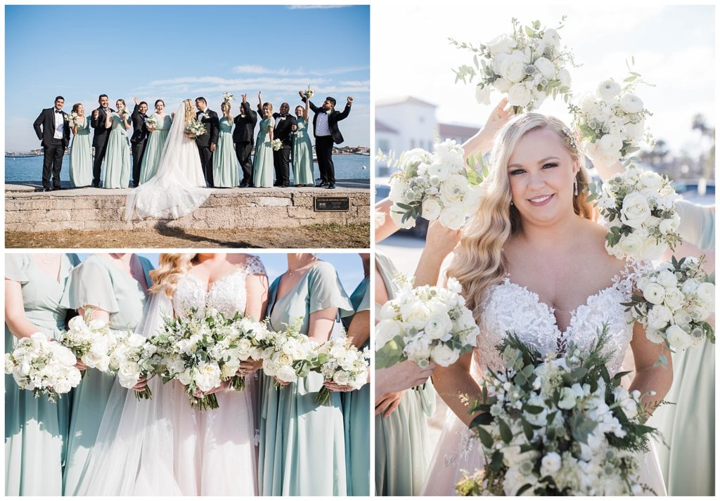 Bridal party and bride surrounded by bouquets at Casa Monica Resort and Spa in St. Augustine, Florida. Taken by Captured By Lau Photography, a Florida Wedding Photographer.
