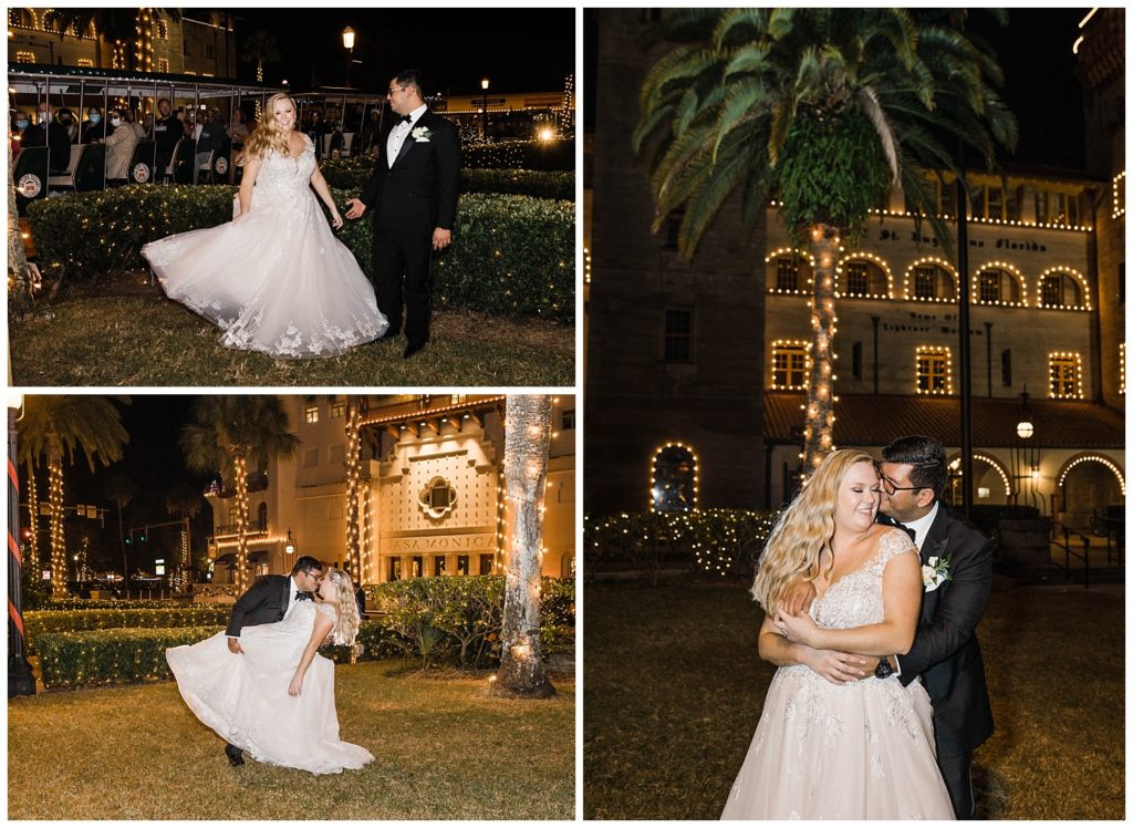 Bride and groom in front of night lights at Casa Monica Resort and Spa in St. Augustine, Florida. Taken by Captured By Lau Photography, a Florida Wedding Photographer.