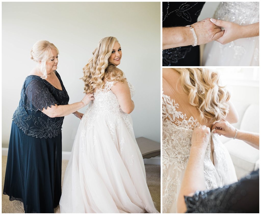 Mom helping bride in wedding dress at wedding at Casa Monica Resort and Spa in St. Augustine, Florida. Taken by Captured By Lau Photography, a Florida Wedding Photographer.