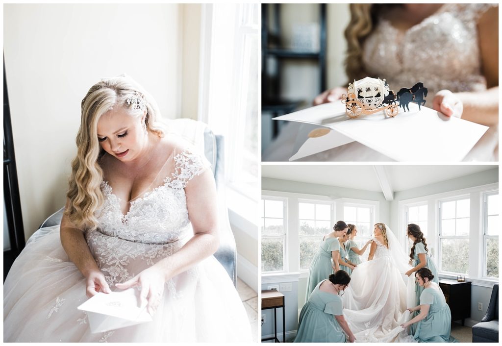 Bride opening Cinderella carriage card at Casa Monica Resort and Spa in St. Augustine, Florida. Taken by Captured By Lau Photography, a Florida Wedding Photographer.