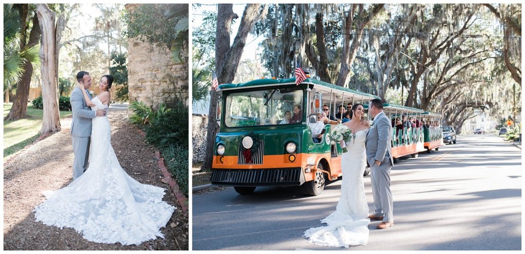 Bride and groom portraits with tram at the Fountain of Youth Wedding in St. Augustine, Florida. Photos by Captured By Lau Photography, a Florida Wedding Photographer. 