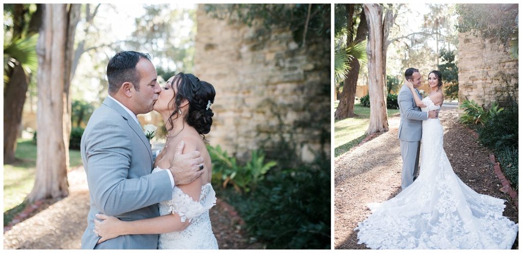 Bride and groom portraits in garden at the Fountain of Youth Wedding in St. Augustine, Florida. Photos by Captured By Lau Photography, a Florida Wedding Photographer. 