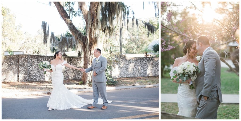 Bride and groom portraits in front of stone wall at the Fountain of Youth Wedding in St. Augustine, Florida. Photos by Captured By Lau Photography, a Florida Wedding Photographer. 
