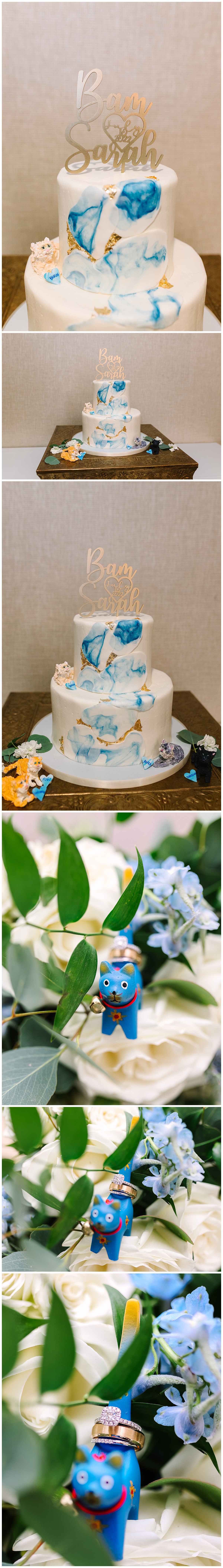 Colorful blue wedding cake and blue cat wedding detail for an Ocean One Resort and Spa wedding in Atlantic Beach, Florida captured by Laura Perez Photography, a Florida Wedding Photographer.