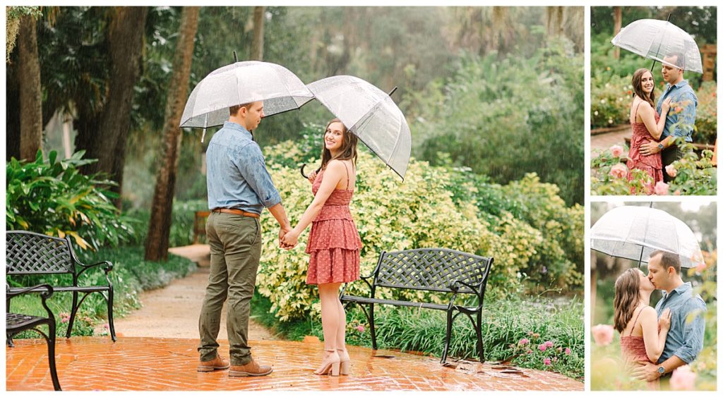 Photo collage of a couple posing underneath a clear umbrella during their engagement session at Washington Oaks State Park shot by Laura Perez Photography.
