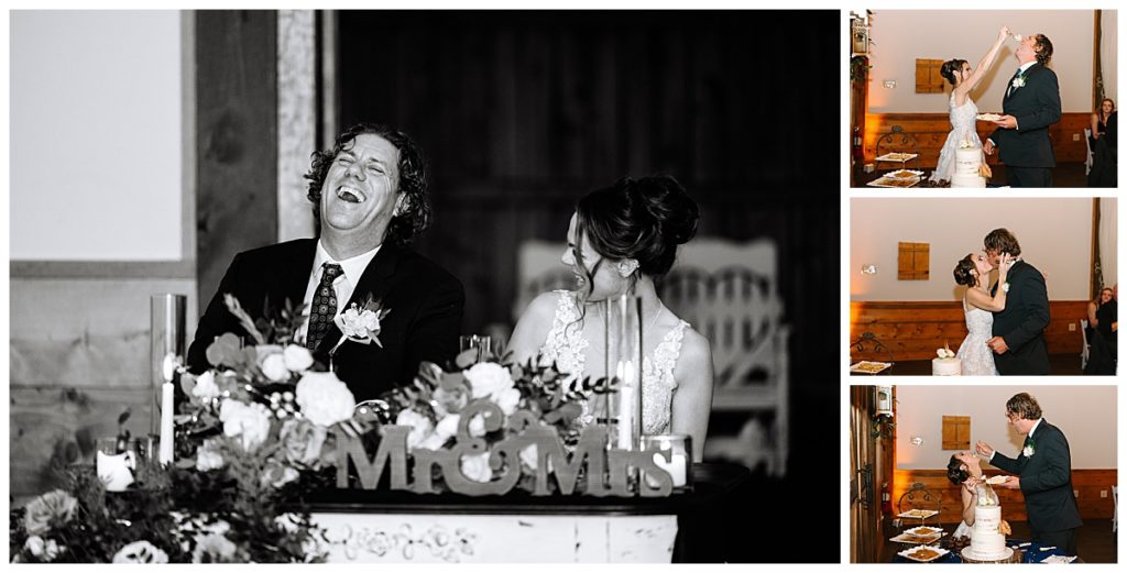 A bride and groom laugh seated at their table after feeding each other wedding cake at their Florida wedding reception.