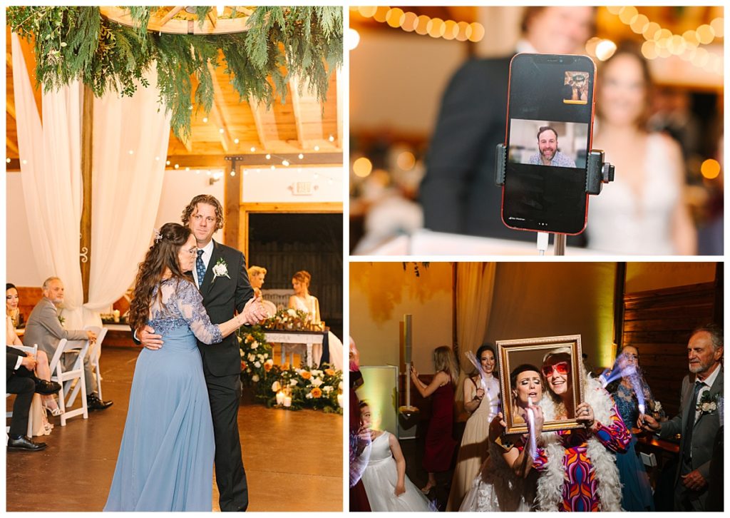 A groom dances with his mother-in-law who is wearing a floor length blue dress, while guests take photos with props at the reception held at The Carriage House wedding & events venue in Florida.
