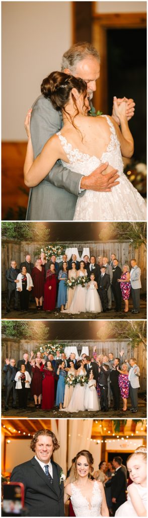 A photo of the father/daughter dance at a wedding reception followed by a group photo of the bride & groom with family & friends. 