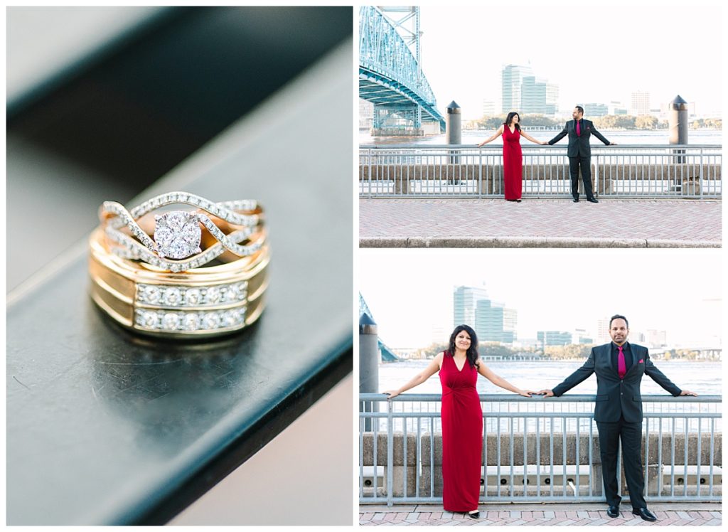 A photo collage shows a close up image of a diamond engagement ring on a gold band while a dark haired couple gaze at each other in formal attire for their engagement session.