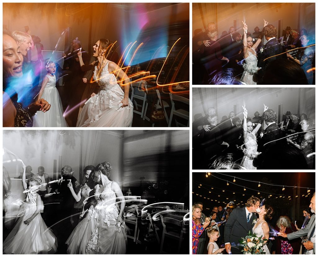 A collage of a bride and groom dancing at their reception with guests during their wedding reception shot by Laura Perez Photography.