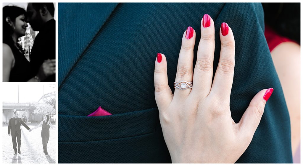 A close up of a woman's hand displaying her golden diamond engagement ring and red nails.