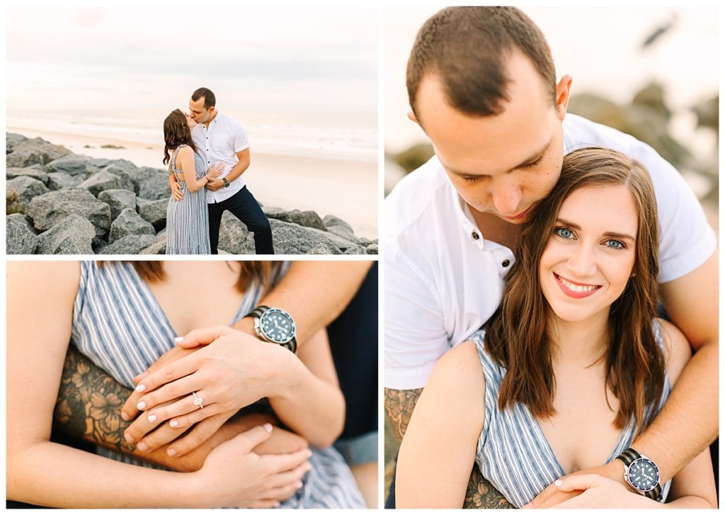 A brunette couple pose in three photos next to a Florida beach showcasing their engagement. 