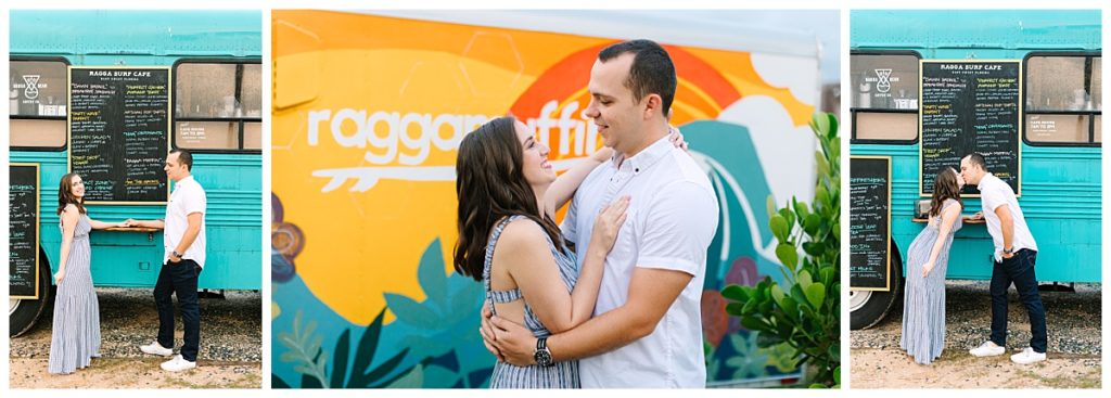 A dark haired couple kiss and pose next to an aqua blue food truck as part of their engagement session with Laura Perez Photography. 