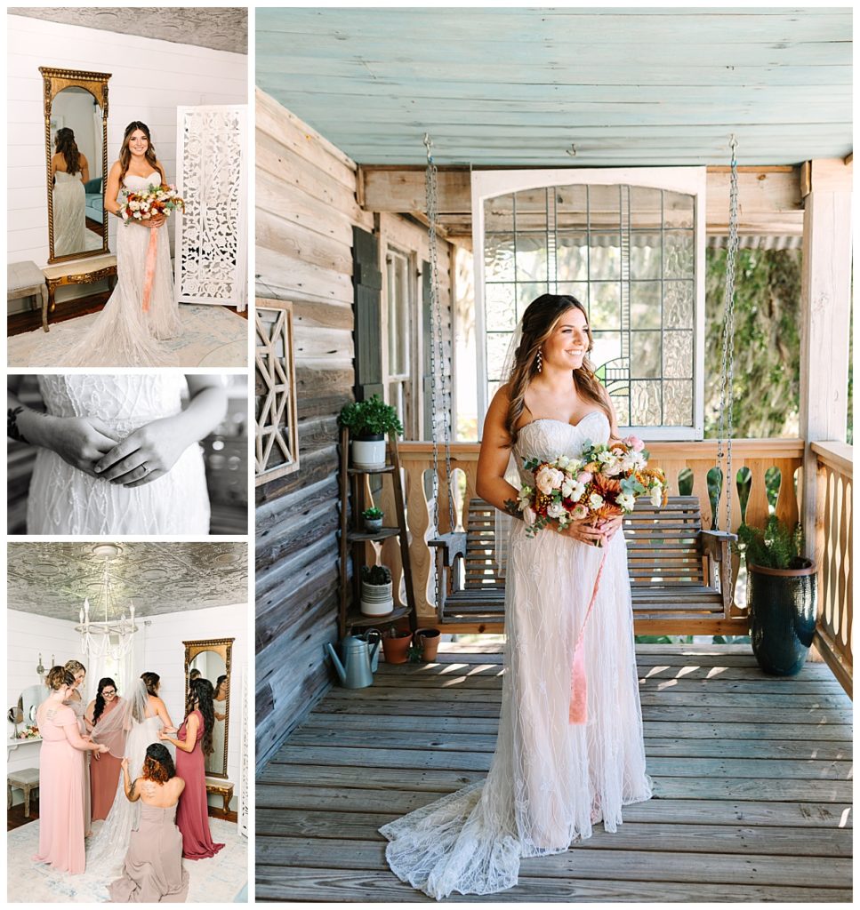 A bride wearinga white, lace gown, holding a mixed floral bouquet prepares for her wedding ceremony and poses on the porch of La Venture Grove. 