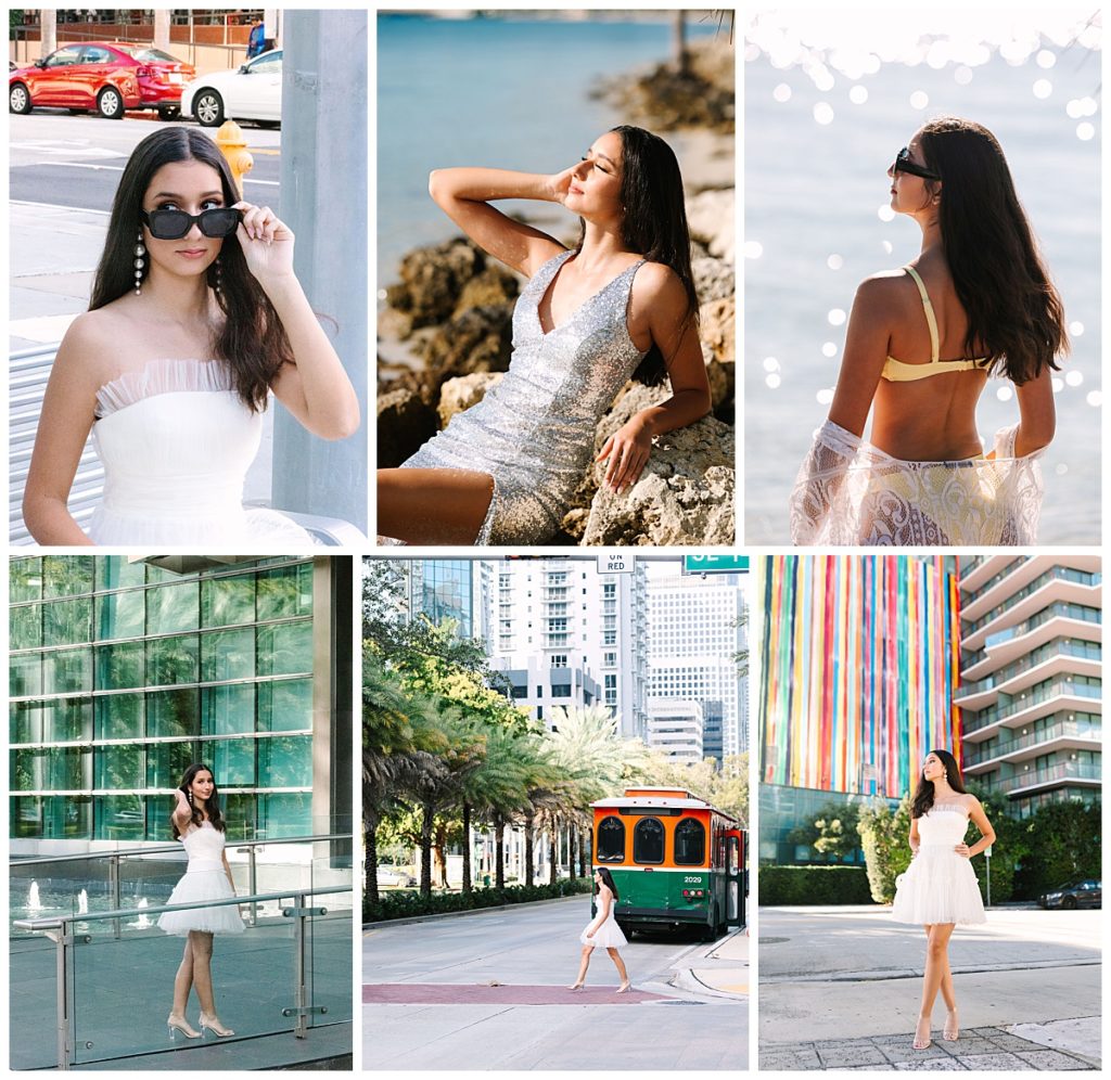 A collage of photos of a young woman with long, dark hair, posing for her quince session with Laura Perez Photography in Key Biscane and Brickell.