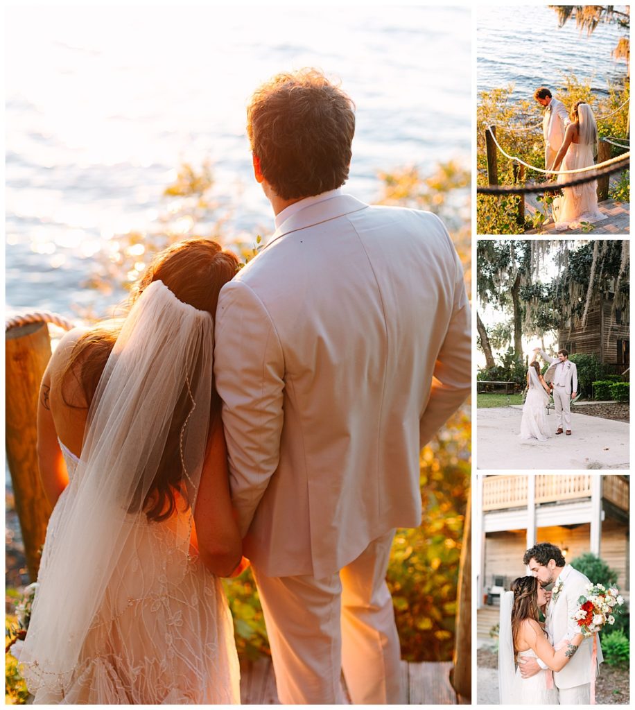 Newlyweds stand on the dock at La Venture Grove, a Florida wedding venue, overlooking a sunset view of St. John's River taken by wedding photographer, Laura Perez.