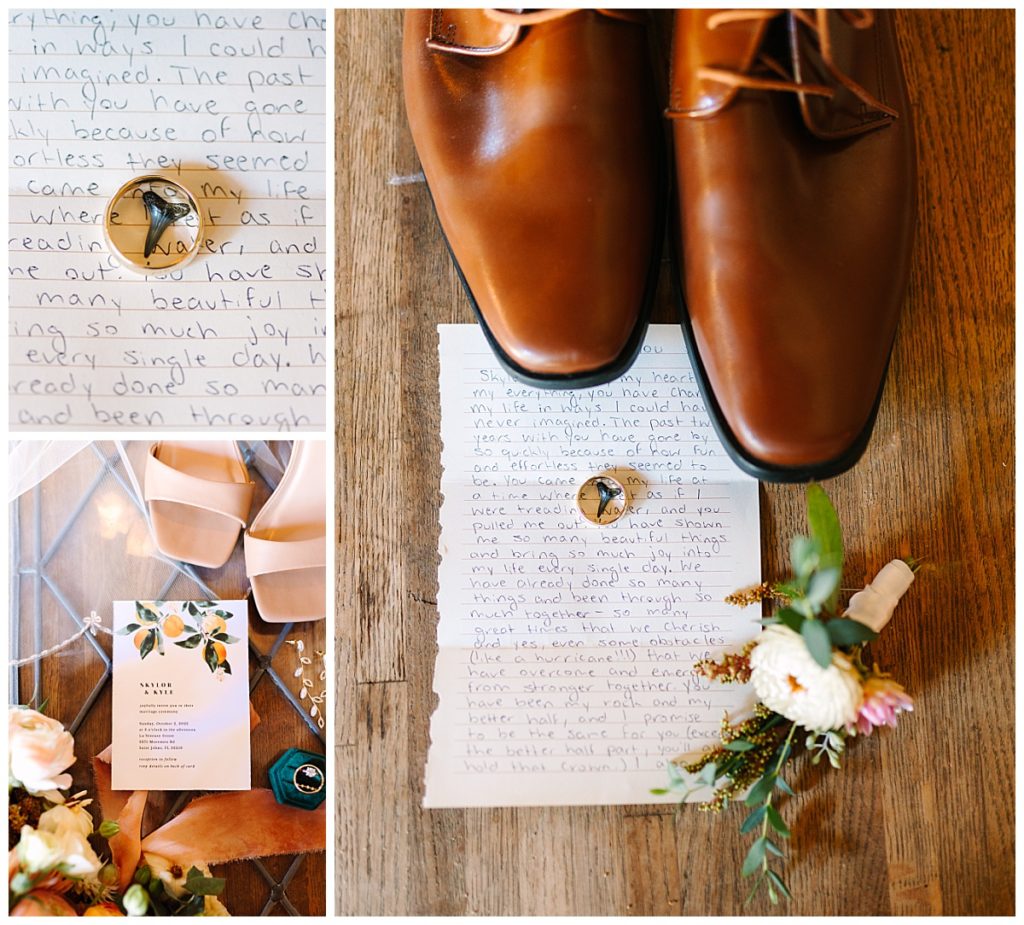 Close up detail shots of a note from a groom to his bride, a citrus themed wedding invitation, and the couple's shoes at their Florida wedding taken by Laura Perez. 