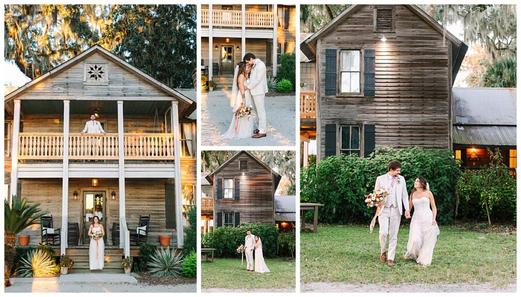 Newlyweds in their wedding attire pose in front of the 1800s farmhouse located at the La Venture Grove wedding venue taken by Laura Perez Photography. 