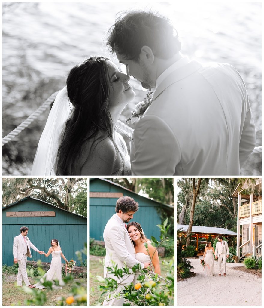 A newly married couple walk hand in hand in their wedding gown and tuxedo next to the main house at La Venture Grove, Switzerland, FL wedding venue taken by Laura Perez Photography. 