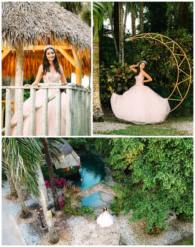 Wearing a quinceanera gown with a full skirt, a brunette young woman poses for her quince session at Secret Gardens Miami near tropical foliage.