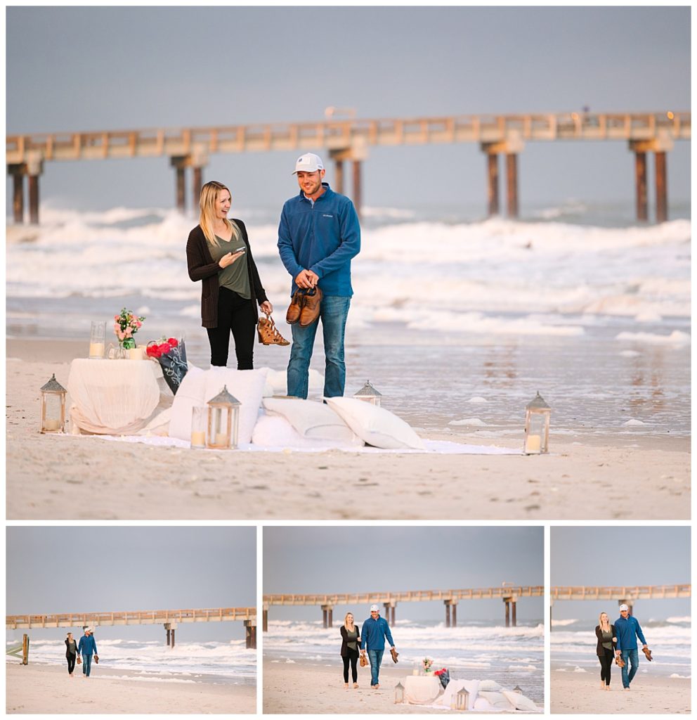 A couple stroll hand-in-hand along the shoreline before a romantic beach proposal in St. Augustine, Florida.