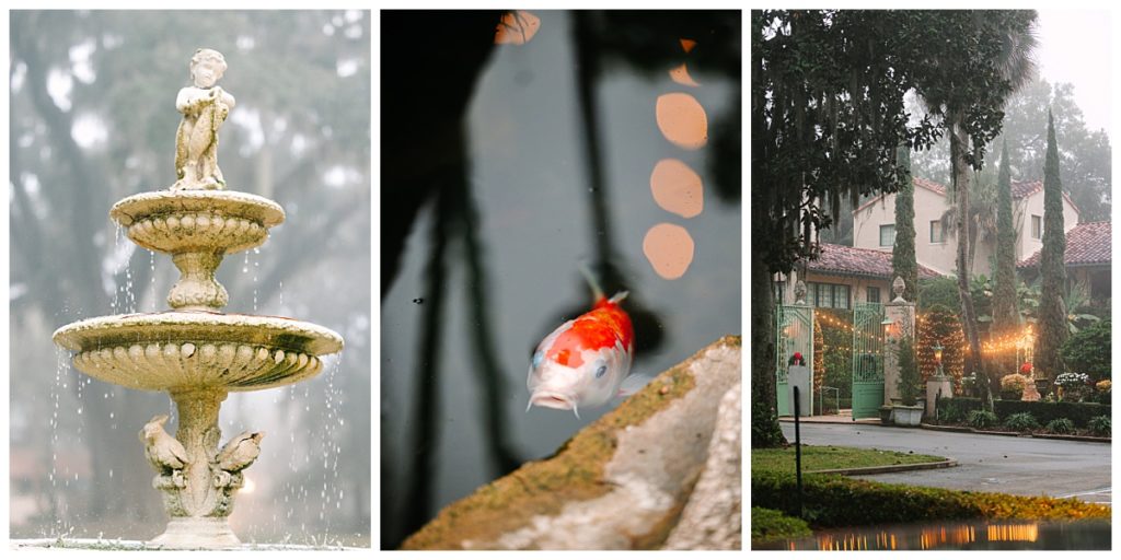 Close ups of the fountain, koi pond, and grounds at Club Continental, a Florida mansion turned wedding venue.