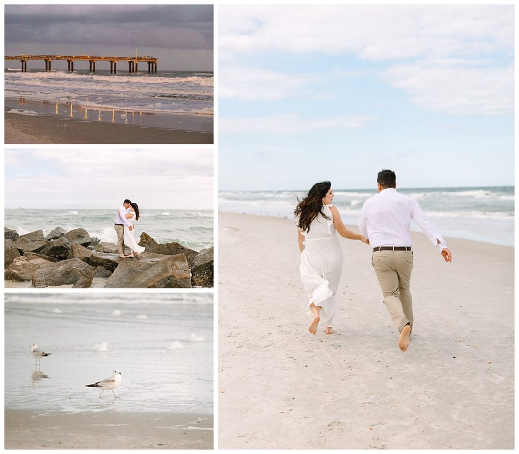 A newly married couple wearing white run hand-in-hand along the Florida shore following their elopement ceremony.