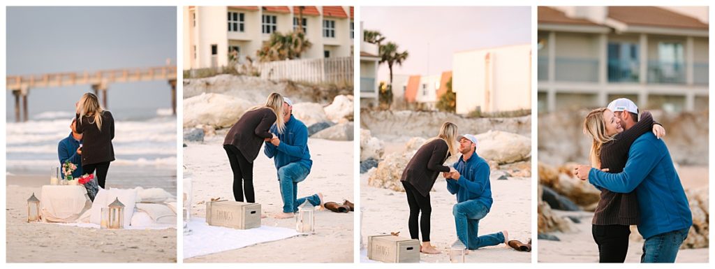 A man wearing a white ball cap drops to one knee to propose on a beach in St. Augustine. 