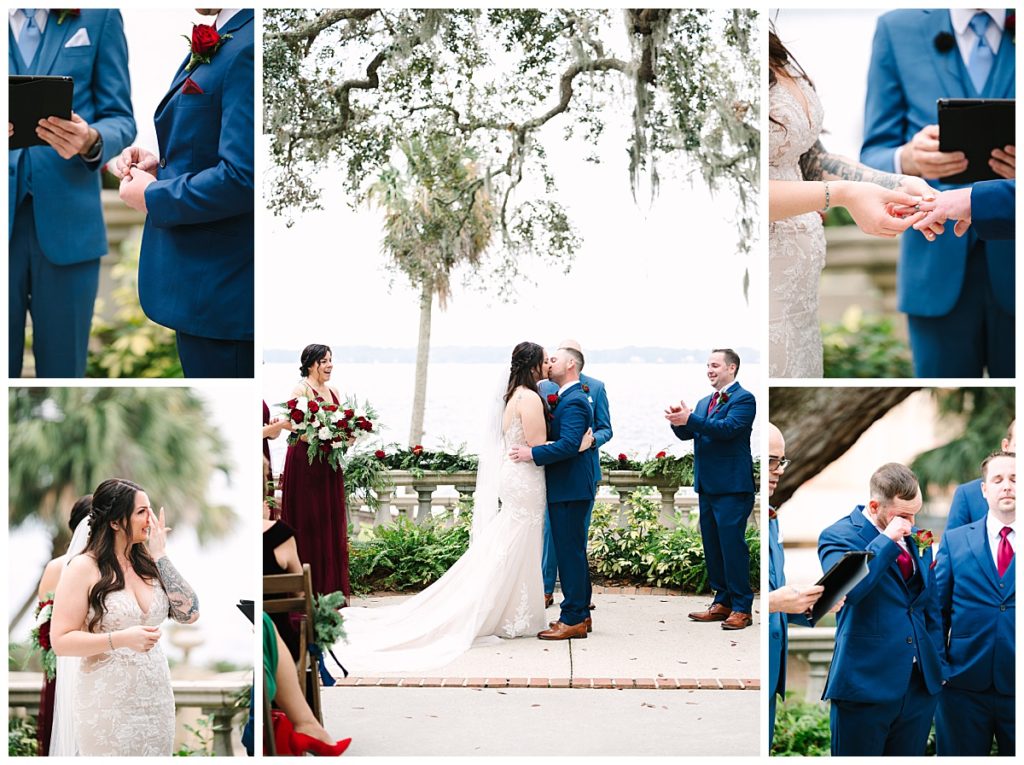 A bride and groom exchange a kiss following their vows at their Club Continental wedding in Florida. 