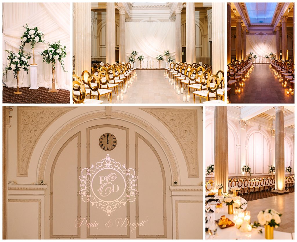 The Treasury on Plaza ballroom decorated with candles and white floral arrangements before a wedding. 