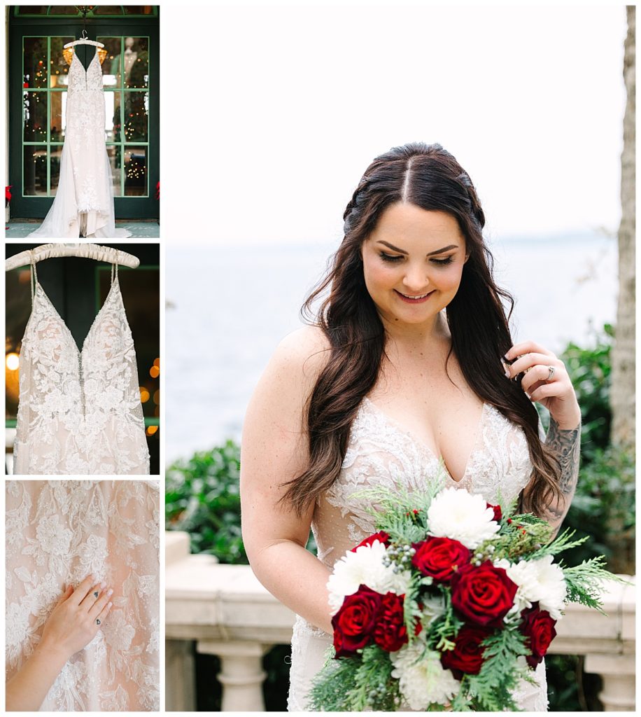 A brunette bride wearing an ivory, lace gown with a plunging neckline holds a bouquet of red & white flowers in front of St. John River.
