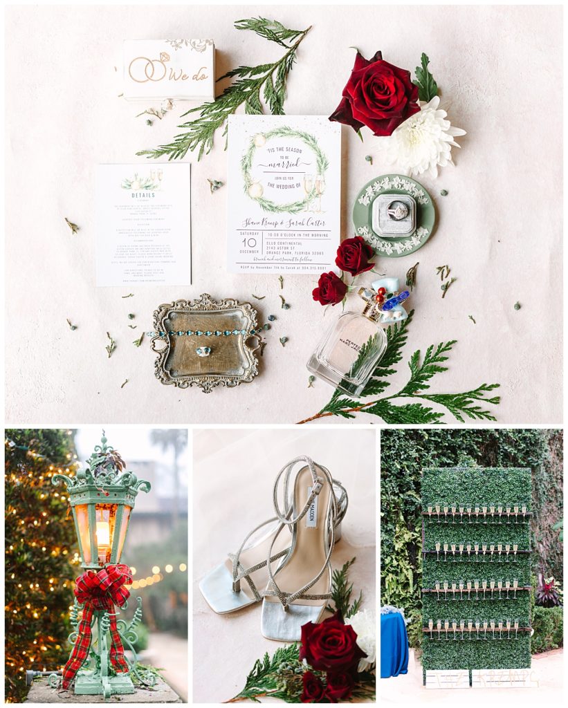 A detail shot of a couple's wedding invitation, rings, perfume, and wedding flowers along with photos of the holiday decor at their emotional wedding at Club Continental. 