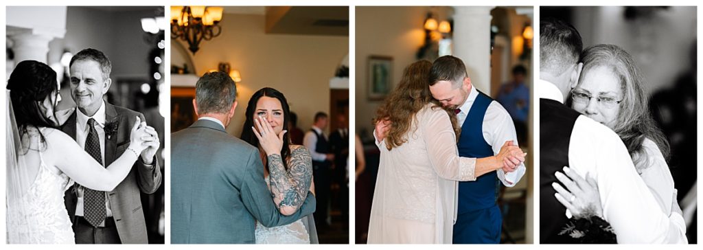 Newlyweds embrace and dance with their father and mother at their reception following their emotional Club Continental wedding near Jacksonville, FL.