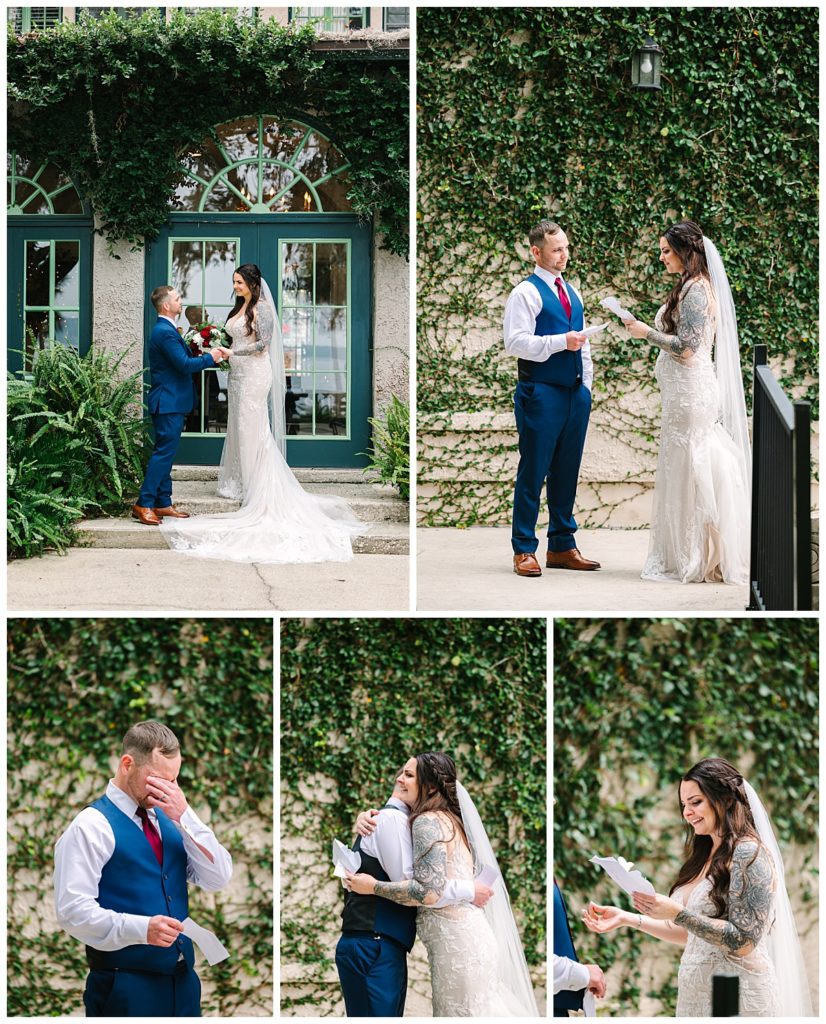 A bride and groom exchange tearful private vows following their ceremony before an ivy covered wall on the property photographed by Laura Perez Photography. 