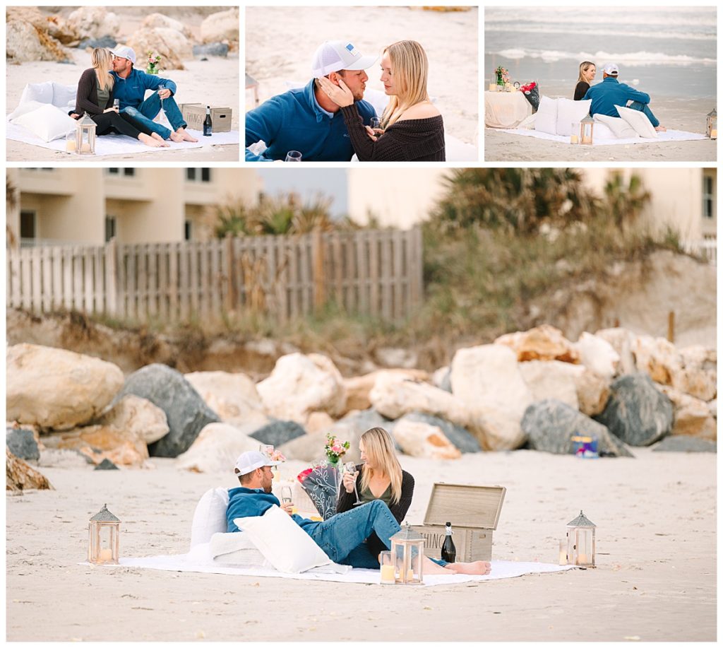 A couple embrace and kiss on a St. Augustine beach in celebration of their romantic beach proposal. 