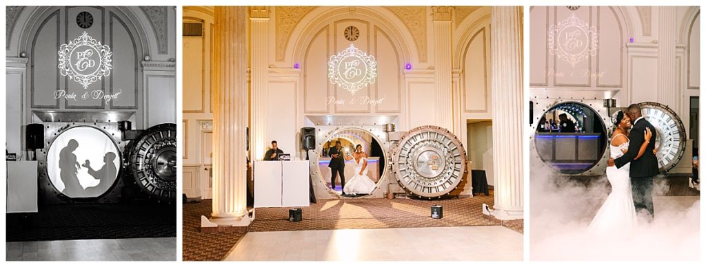 A newly married couple enter their wedding reception through a bank vault door after their Florida wedding.