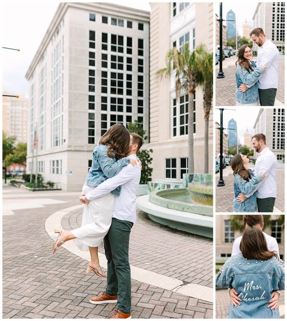 A brunette bride-to-be sporting a white dress and a jean jacket with "Mrs. Chesak" printed on the back poses with her fiance during a photo session in Jacksonville, FL.