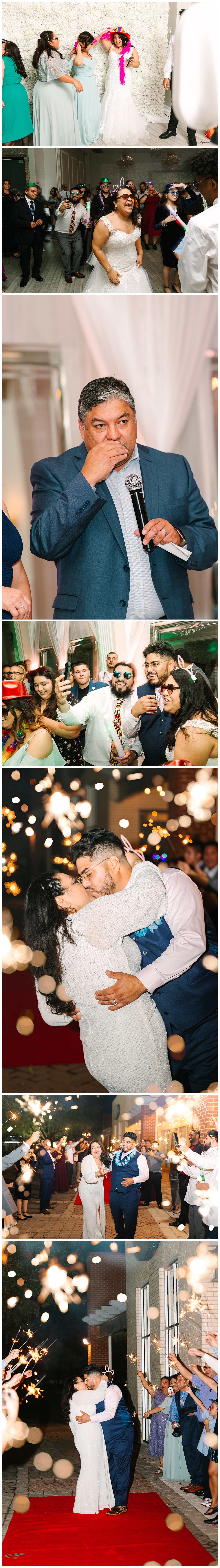 A collage of photos of newlyweds at their Crystal Ballroom reception in St. Augustine followed by photos of their exit surrounded by sparklers.