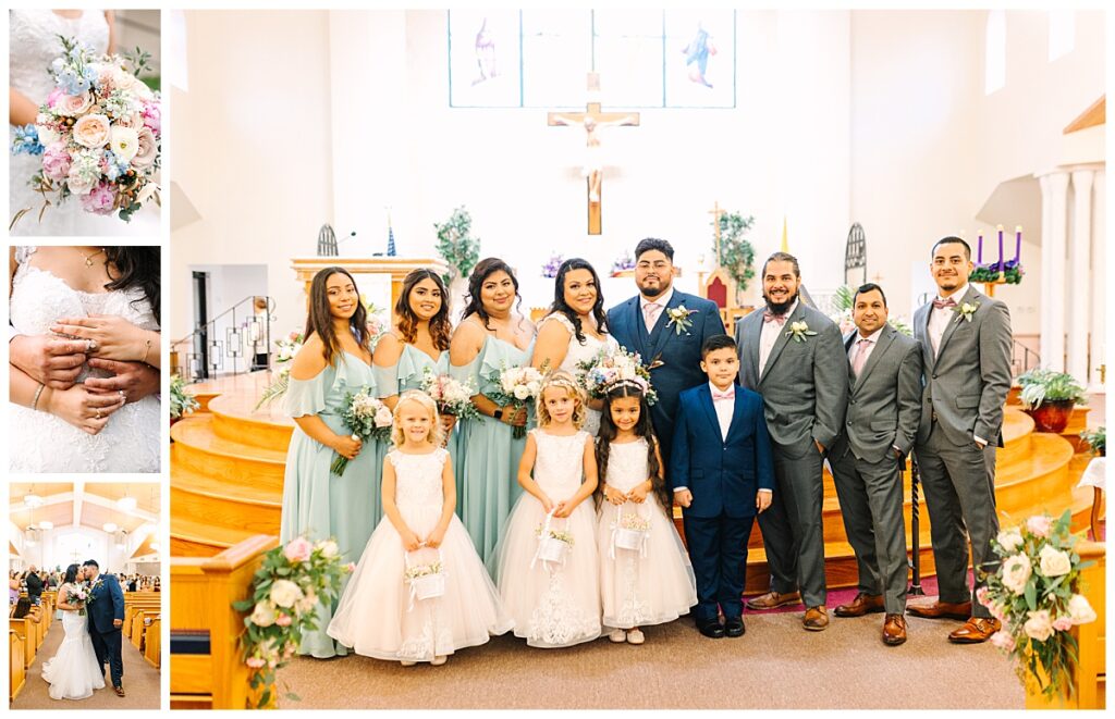Newlyweds pose with their wedding party in a St. Augustine, Florida church.