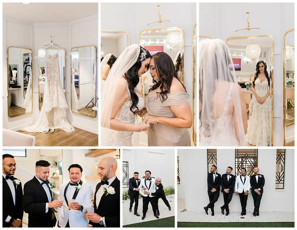 A bride poses with her mother in her white, lace wedding gown while her soon-to-be husband laughs and poses with his groomsmen in their tuxedos. 