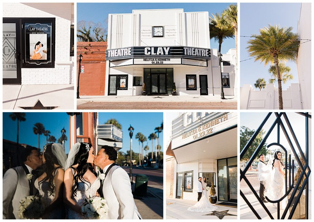 Details of the front entrance of The Clay Theatre wedding venue along with surrounding palm trees and art deco inspired windows. 